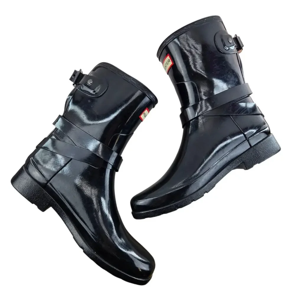 Hunter Rain Boots Women 7 Original Refined Short Gloss Black Mid Calf Adjustable